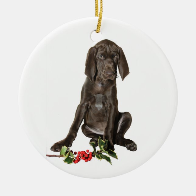 Christmas Pointer Puppy Ceramic Ornament (Front)