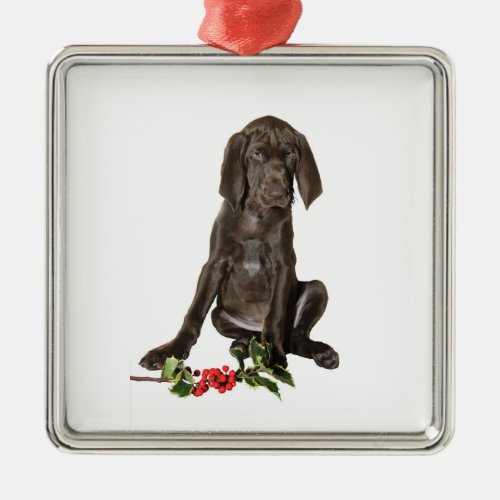 Christmas Pointer Puppy Metal Ornament