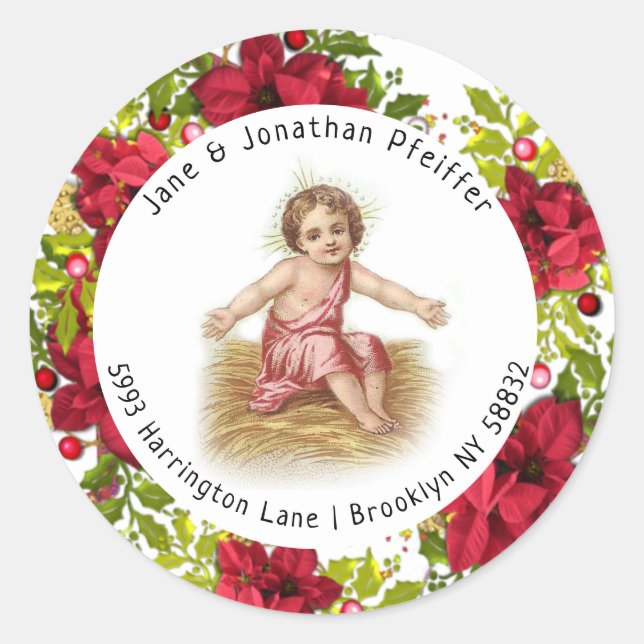 Christmas  Pointsettia Baby Jesus Address Classic Round Sticker (Front)