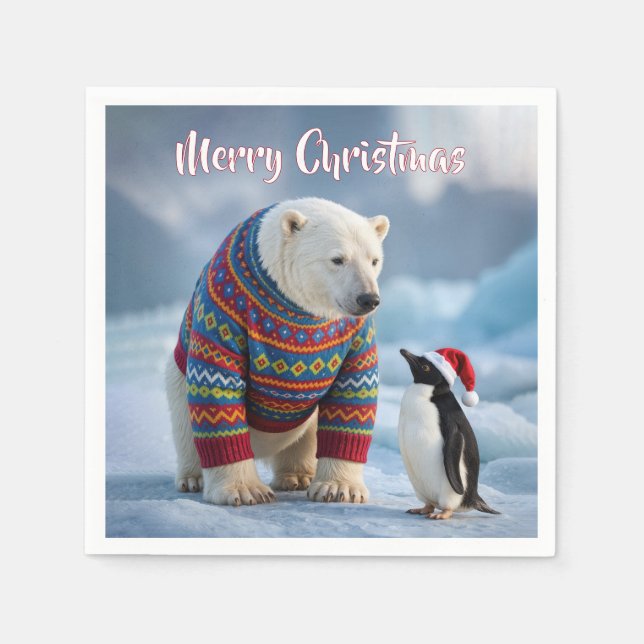 Christmas Polar Bear and Penguin On a Glacier Napkins (Front)