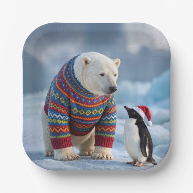 Christmas Polar Bear and Penguin On a Glacier Paper Plates (Front)