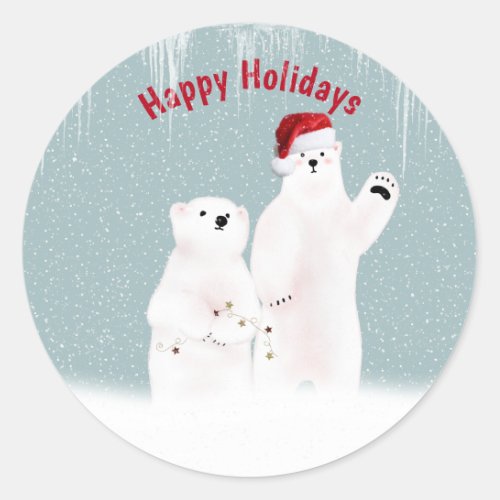 Christmas Polar Bear Couple with Snowflakes Classic Round Sticker