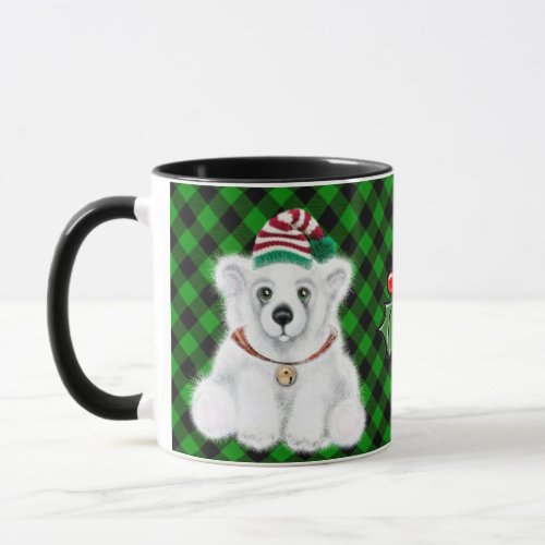 Christmas polar bear cub classic green plaid mug