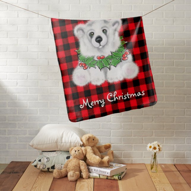 Christmas polar bear cub, Holly berries wreath   Baby Blanket (In Situ)
