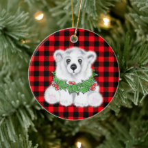 Christmas polar bear cub, Holly berries wreath   