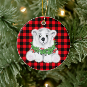Christmas polar bear cub, Holly berries wreath Ceramic Ornament