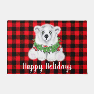 Christmas polar bear cub, Holly berries wreath Doormat