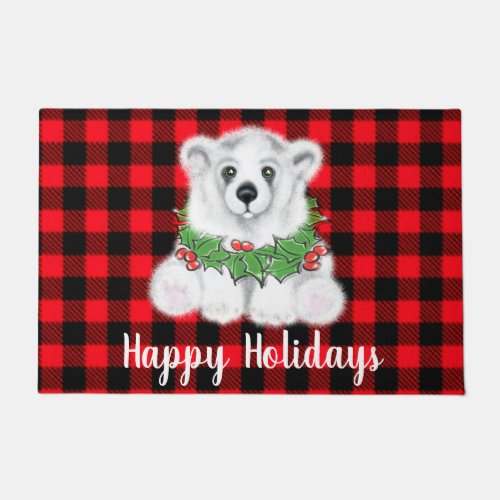 Christmas polar bear cub Holly berries wreath   Doormat