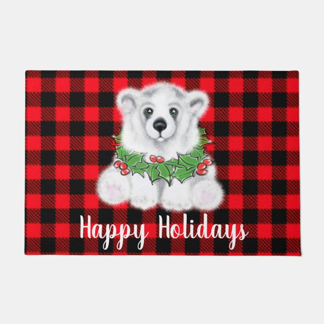 Christmas polar bear cub, Holly berries wreath   Doormat (Front)