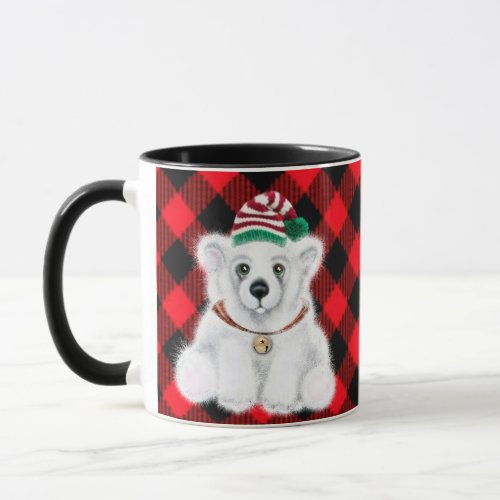 Christmas polar bear cub Holly berries wreath   Mug