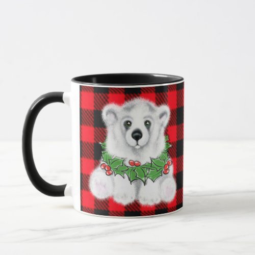 Christmas polar bear cub Holly berries wreath   Mug