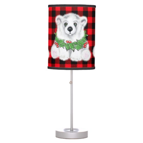 Christmas polar bear cub Holly berries wreath   Table Lamp