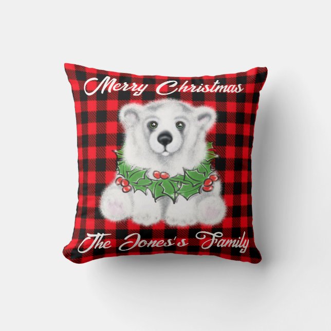 Christmas polar bear cub, Holly berries wreath   Throw Pillow (Front)