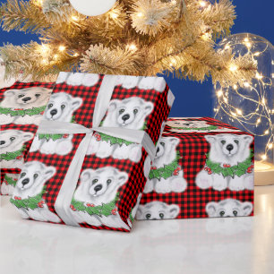 Christmas polar bear cub, Holly berries wreath Wrapping Paper