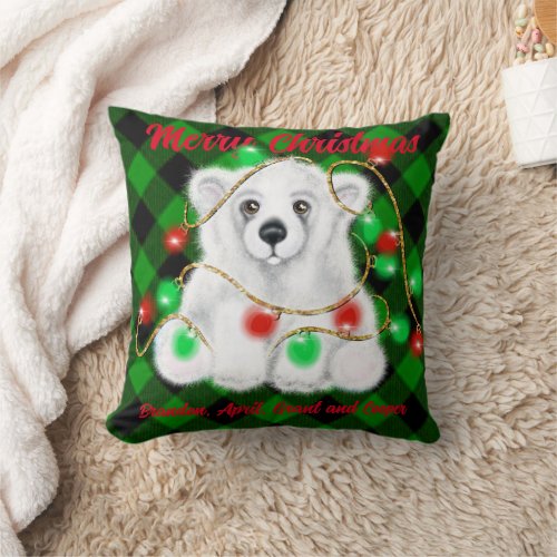Christmas polar bear cub Santa bear cub  Throw Pillow