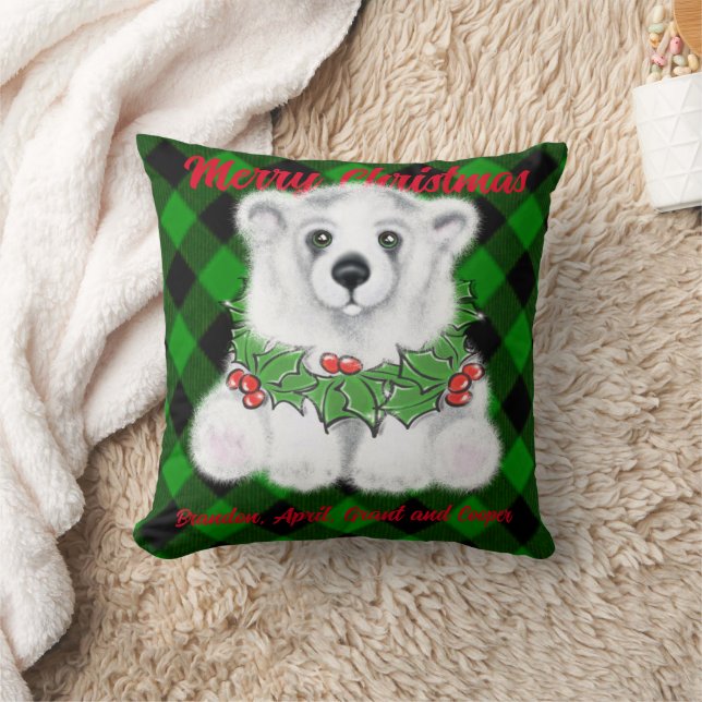 Christmas polar bear cub, white bear cub  throw pillow (Blanket)