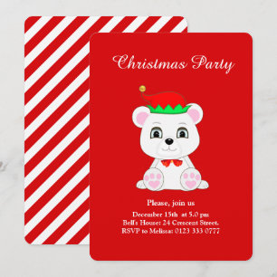 Christmas Polar Bear Elf on Red Party Invitation