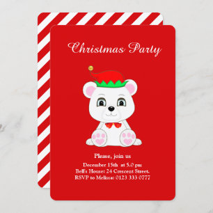Christmas Polar Bear Elf on Red Party Invitation
