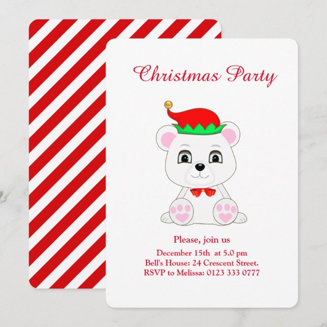 Christmas Polar Bear Elf on White Party Invitation (Front/Back)