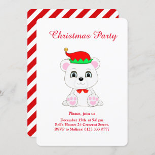Christmas Polar Bear Elf on White Party Invitation
