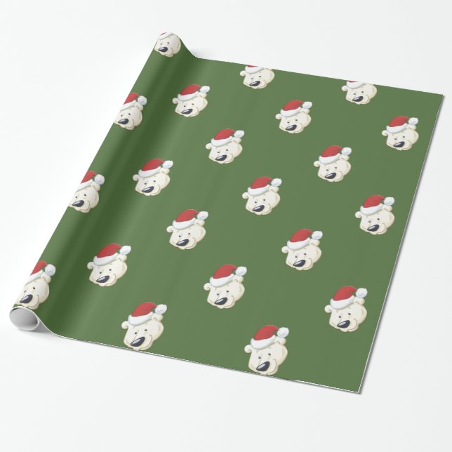 Christmas Polar Bear Green Wrapping Paper (Unrolled)
