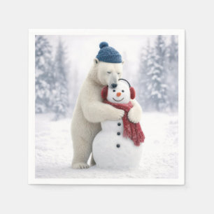Christmas Polar Bear Hugging a Snowman Napkins