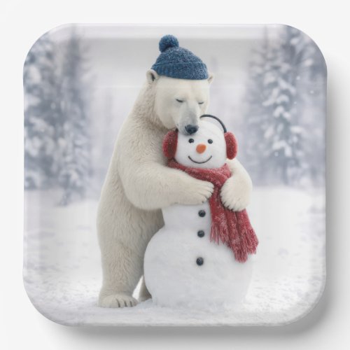 Christmas Polar Bear Hugging a Snowman Paper Plates