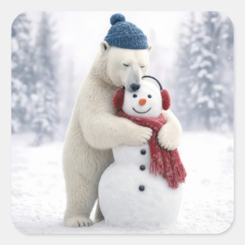 Christmas Polar Bear Hugging a Snowman Square Sticker