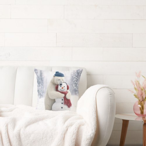 Christmas Polar Bear Hugging a Snowman Throw Pillow