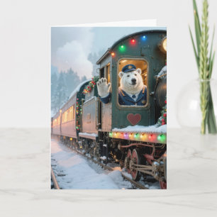 Christmas Polar Bear In a Vintage Steam Engine Card