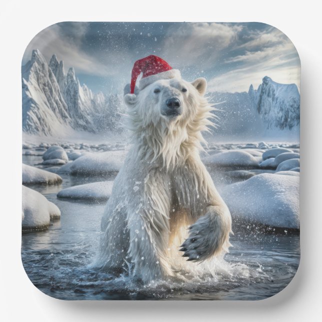 Christmas Polar Bear In Arctic Water Paper Plates (Front)