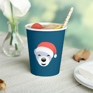 Christmas Polar Bear in Red Hat on Blue Paper Cups