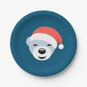 Christmas Polar Bear in Red Hat on Blue Paper Plates