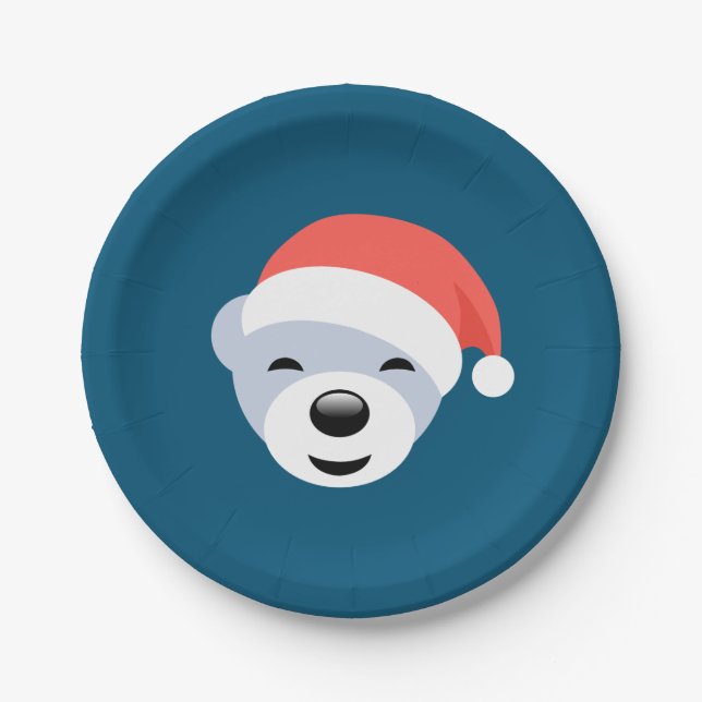 Christmas Polar Bear in Red Hat on Blue Paper Plates (Front)
