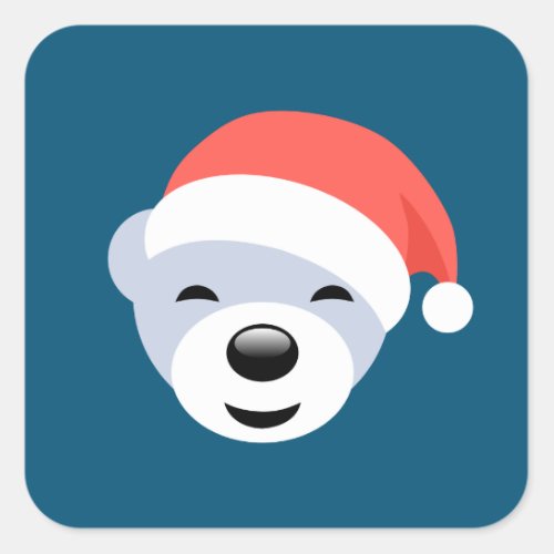 Christmas Polar Bear in Red Hat on Blue Square Sticker