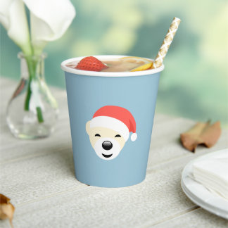 Christmas Polar Bear in Red Hat on Light Blue Paper Cups