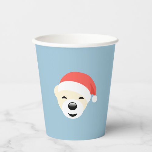 Christmas Polar Bear in Red Hat on Light Blue Paper Cups