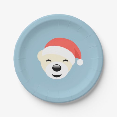 Christmas Polar Bear in Red Hat on Light Blue Paper Plates