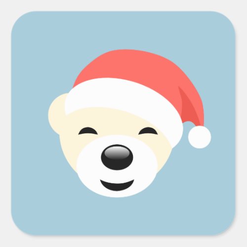 Christmas Polar Bear in Red Hat on Light Blue Square Sticker