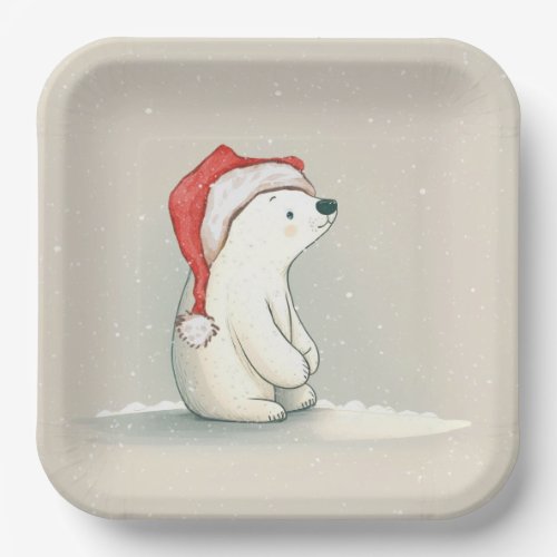 Christmas Polar Bear In Snowflakes Paper Plates