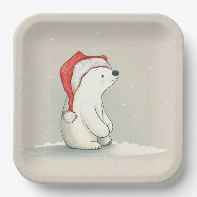Christmas Polar Bear In Snowflakes Paper Plates (Front)