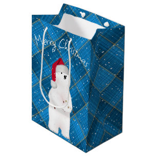 Christmas Polar Bear On Blue Plaid Medium Gift Bag