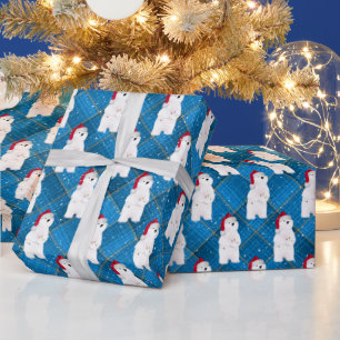 Christmas Polar Bear On Blue Plaid Wrapping Paper
