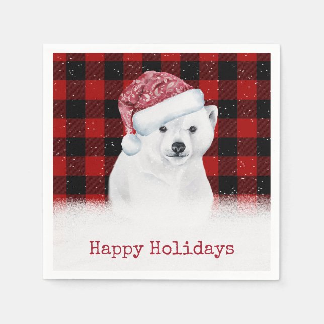 Christmas Polar Bear On Buffalo Plaid Napkins (Front)