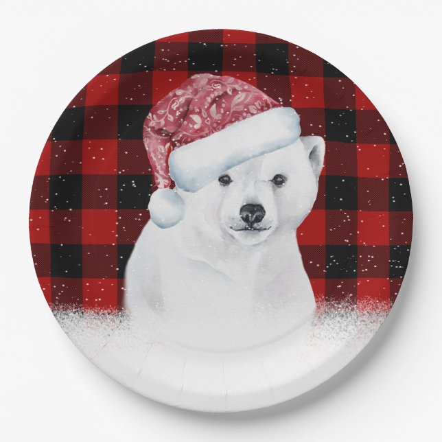 Christmas Polar Bear On Buffalo Plaid Paper Plates (Front)