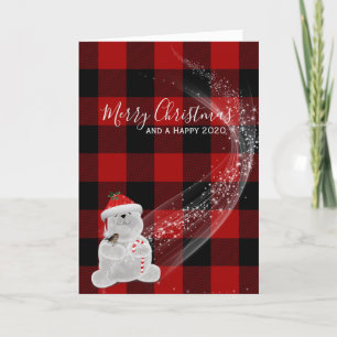 Christmas polar bear on lumberjack plaid card