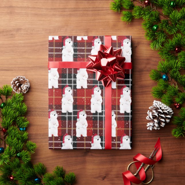 Christmas Polar Bear On Tartan Plaid Wrapping Paper (Holiday Gift)