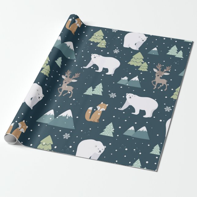 Christmas Polar Bear Pattern Wrapping Paper (Unrolled)