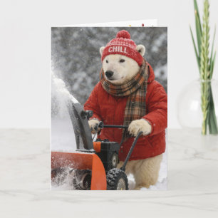 Christmas Polar Bear Pushing a Snowblower Card