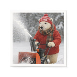 Christmas Polar Bear Pushing a Snowblower Napkins